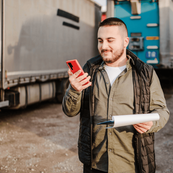 Truck driver checking a funding notification on his phone