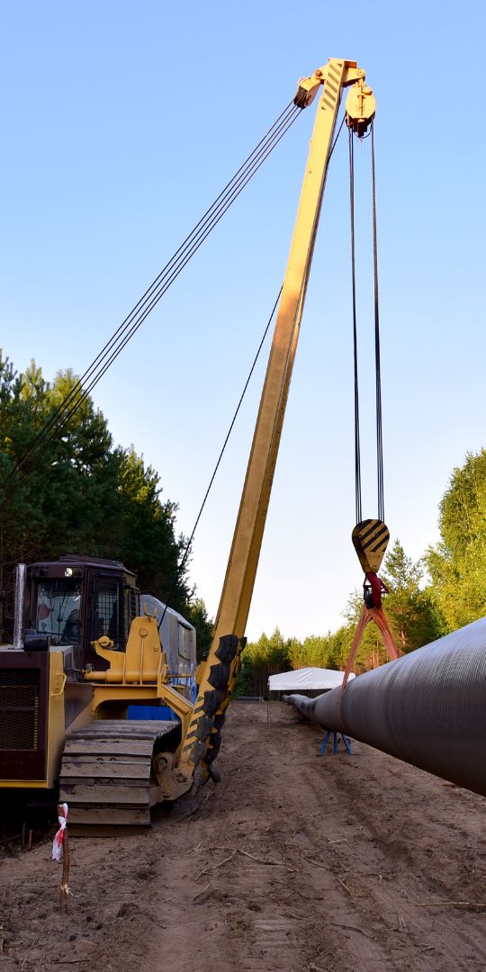 Sideboom pipelayer setting pipe along a right-of-way