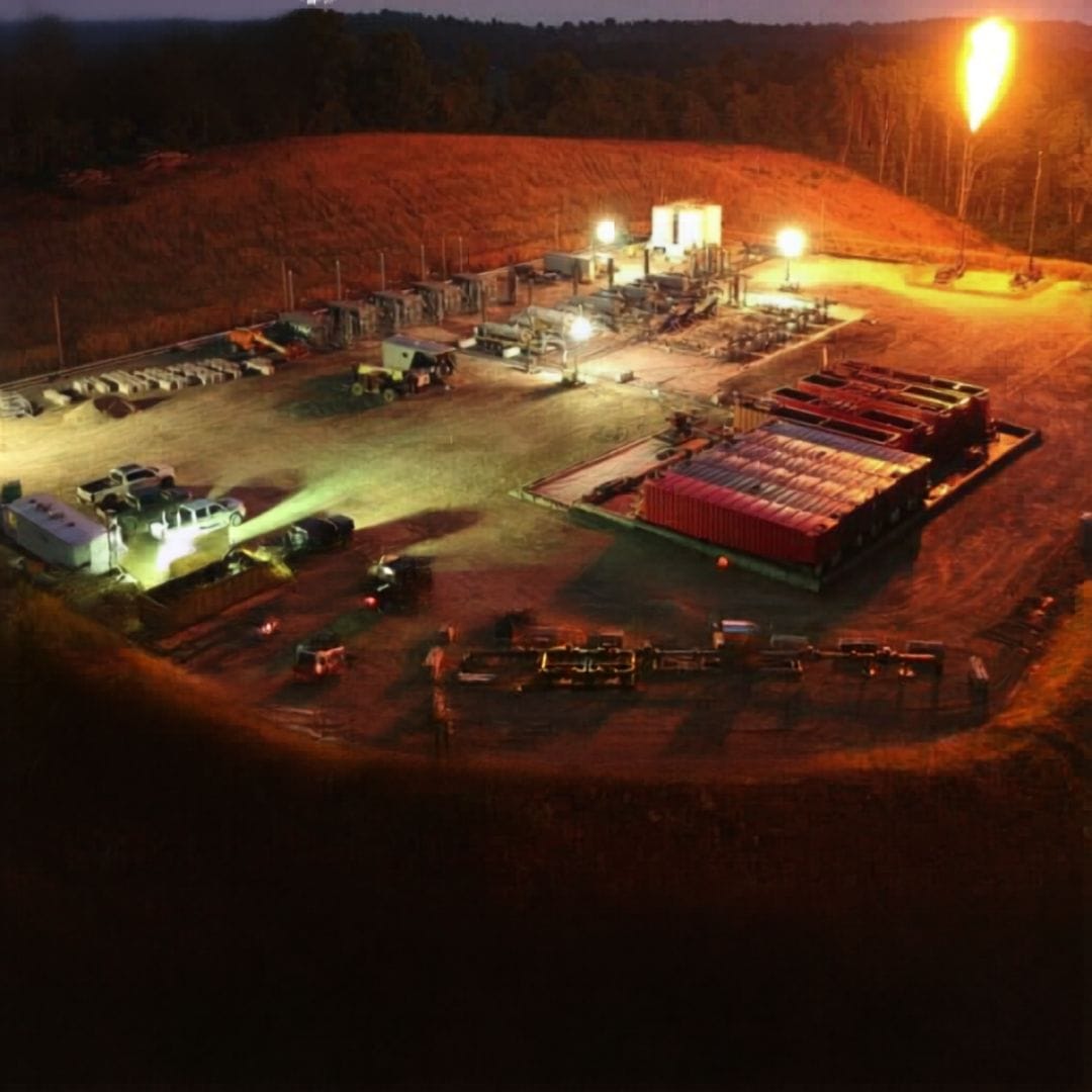 Oilfield equipment and service units staged at a night work site
